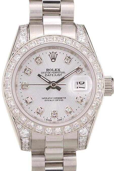 AAA replica watch Diamond Dial Case Steel White Plated Bezel Plated Rolex Diamond DateJust Brushed Stainless 0514